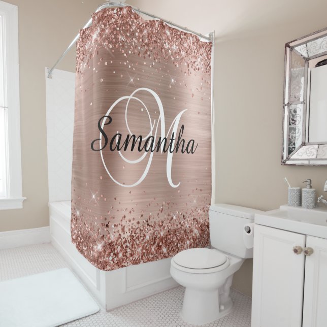 Glittery Rose Golf Foil Classic Script M Monogram Shower Curtain (In Situ)