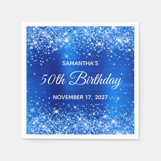 Glittery Royal Blue Foil 50th Birthday Napkins (Front)