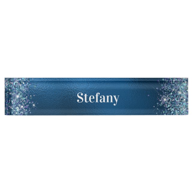 Glittery Royal Blue Foil Individual Name  Desk Name Plate (Front)