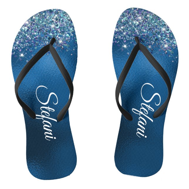 Glittery Royal Blue Foil Individual Name  Flip Flops (Footbed)