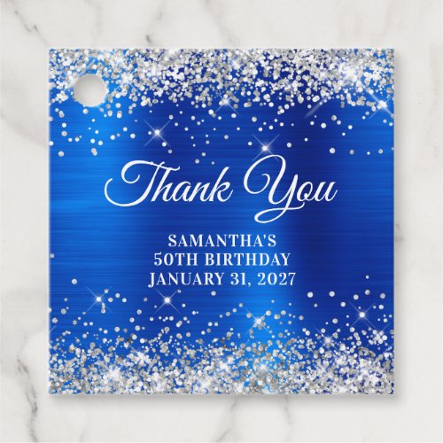 Glittery Royal Blue Name 50th Birthday Thank You Favor Tags