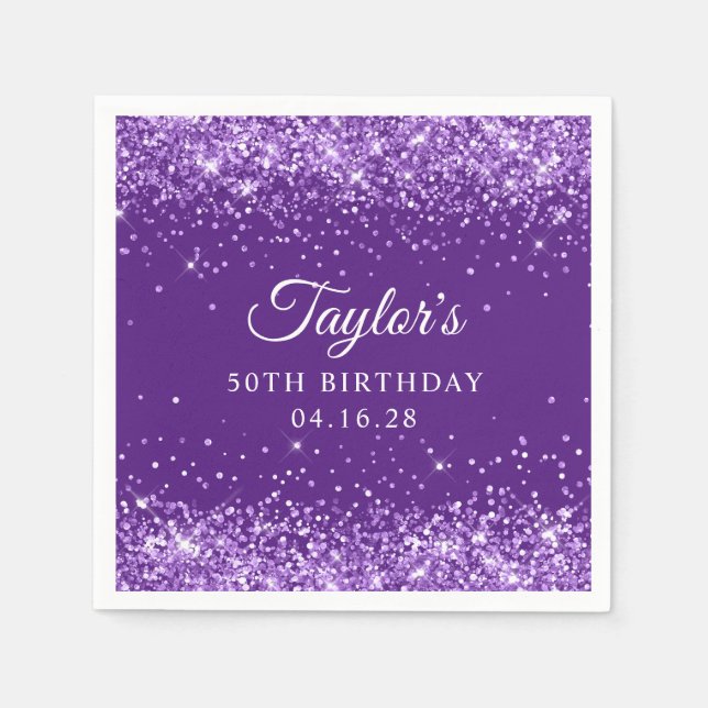 Glittery Royal Purple 50th Birthday Napkins (Front)