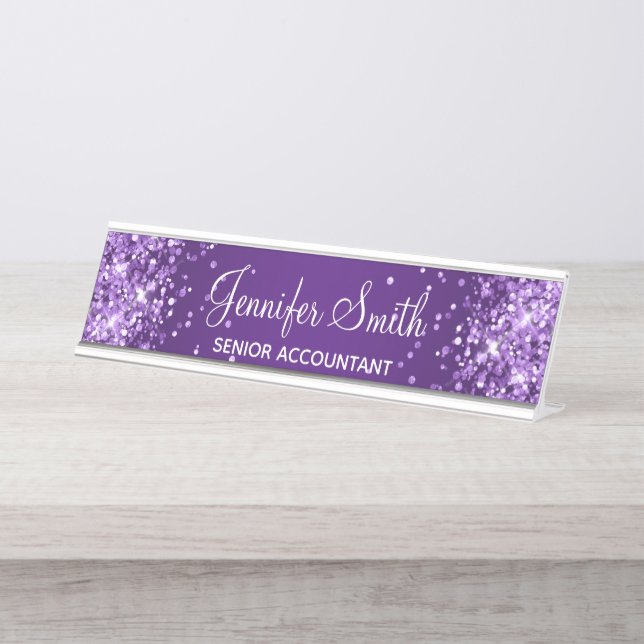 Glittery Royal Purple Gradient Desk Name Plate (Front)