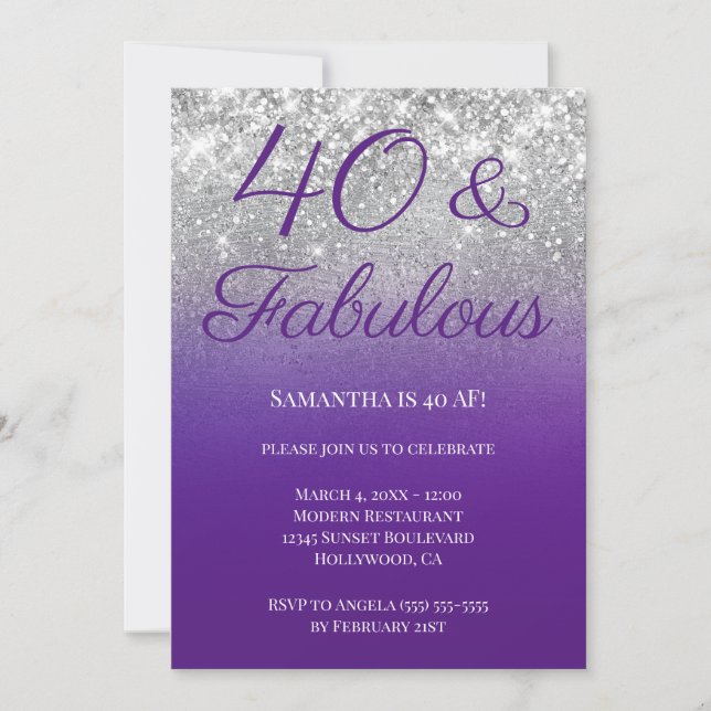 Glittery Royal Purple Silver Ombre 40 & Fabulous Invitation (Front)