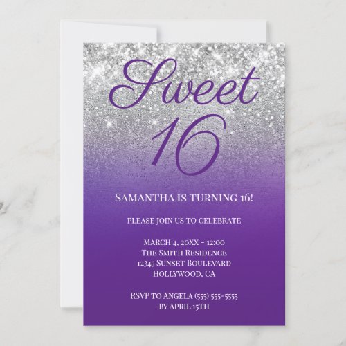 Glittery Royal Purple Silver Ombre Sweet 16 Invitation