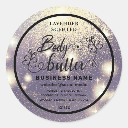 Glittery script butterfly body butter label