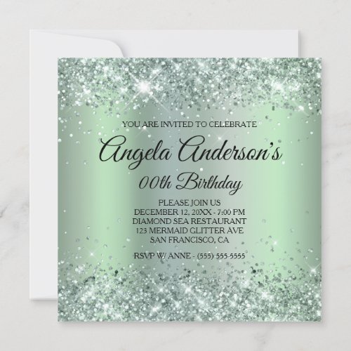 Glittery Sea Green Shimmer Mermaid Birthday Invitation