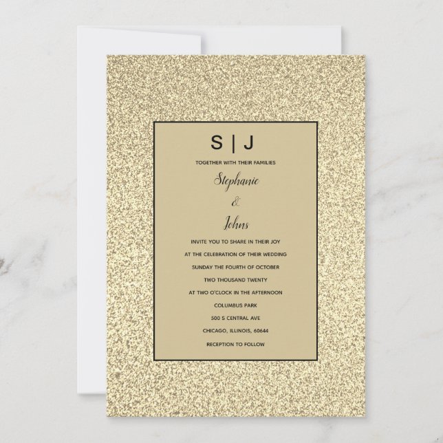 Glittery Sepia Gold Golden Black Elegant Wedding Invitation (Front)