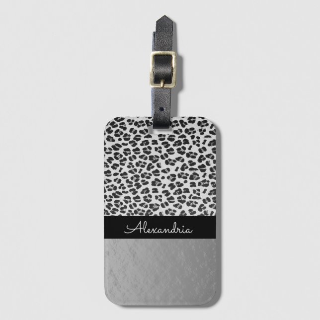 Glittery Shimmery Silver Leopard Luggage Tag (Front Vertical)
