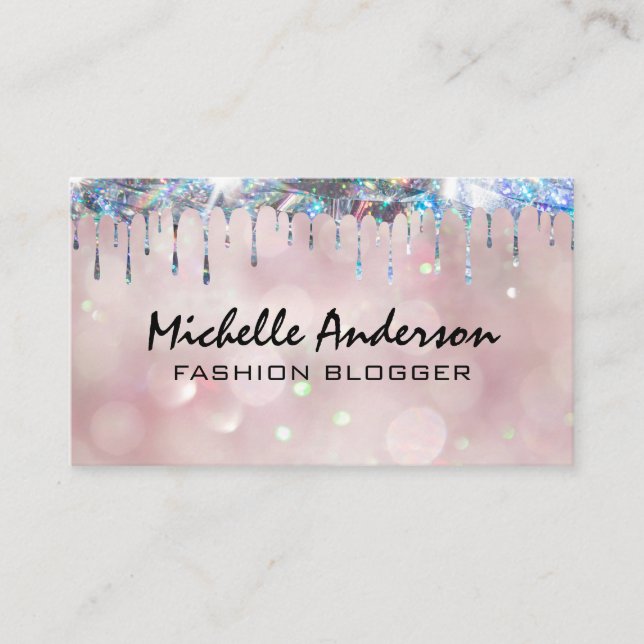 Glittery Shiny Drip | Bokeh Light Pink Background Business Card (Front)