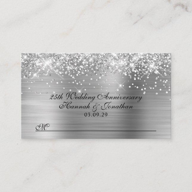 Glittery Silver 25th Wedding Anniversary Place Card (Front)