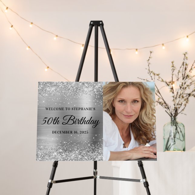 Glittery Silver 50th Birthday Photo  24X16 Welcome Foam Board (In Situ (Stand))