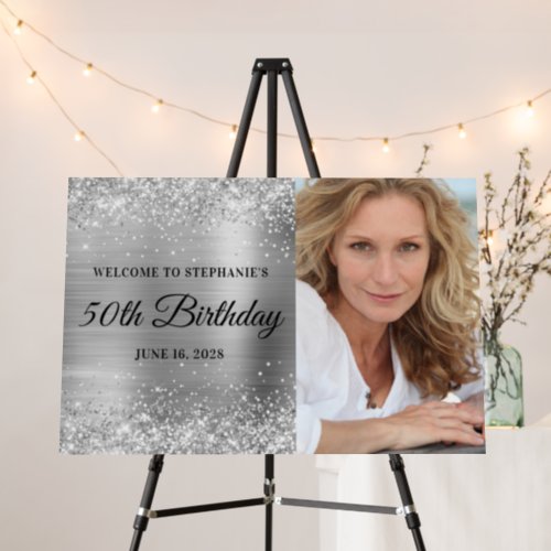 Glittery Silver 50th Birthday Photo Welcome Foam Board