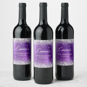 Glittery Silver Amethyst Foil 75th Birthday Wine Label
