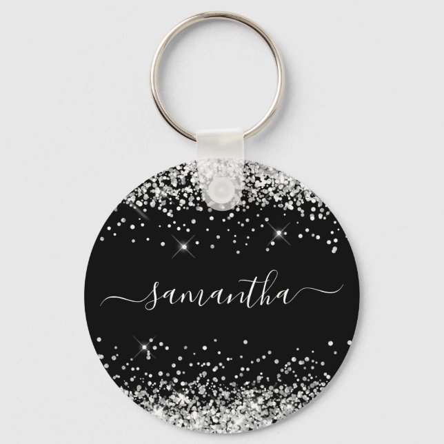 Glittery Silver and Black Girly Name Keychain (Front)