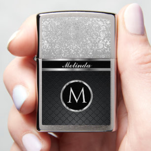 Glittery Silver and Black - Personalized Zippo Lighter