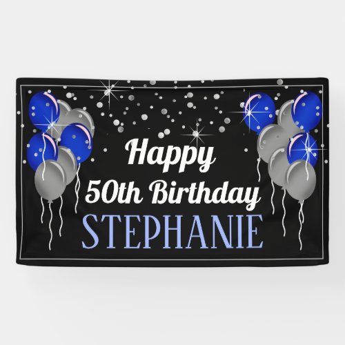 Glittery Silver and Blue Happy Birthday Banner