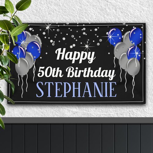 Glittery Silver and Blue Happy Birthday Banner