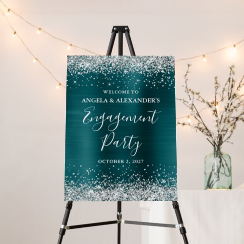 Glittery Silver and Blue Teal Engagement Party Foam Board