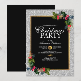 Glittery Silver and Gold Elegant Christmas Party Invitation