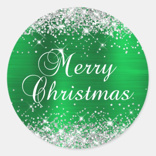 Glittery Silver and Green Foil Merry Christmas Classic Round Sticker