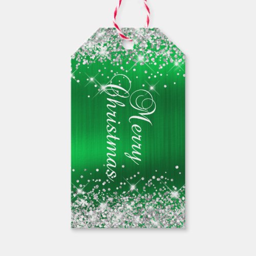 Glittery Silver and Green Foil Merry Christmas Gift Tags