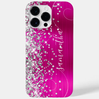 Glittery Silver and Hot Pink Glam Curly Signature Case-Mate iPhone 14 Pro Max Case