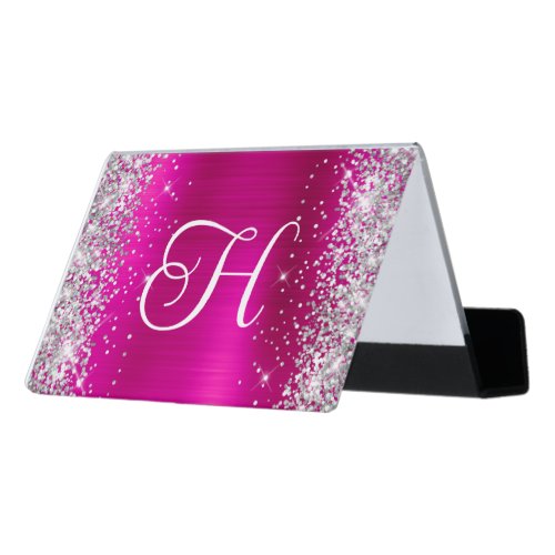 Glittery Silver and Hot Pink Glam Monogrammed Desk Business Card Holder