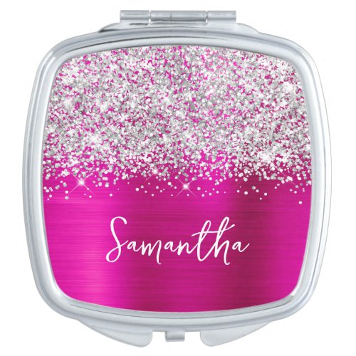 Glittery Silver and Hot Pink Glam Script Name Compact Mirror
