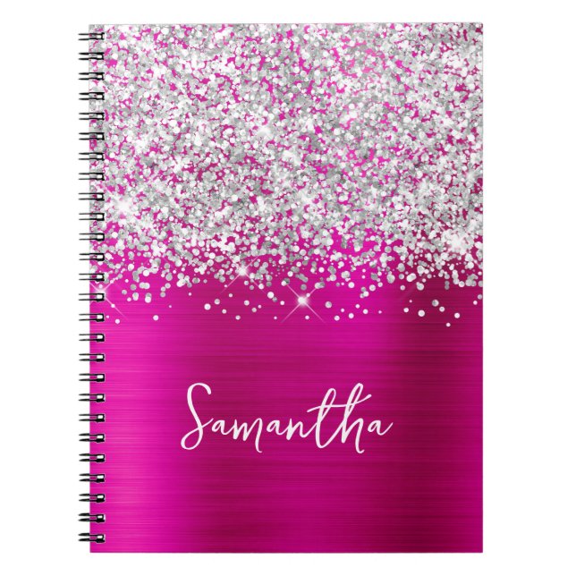 Glittery Silver and Hot Pink Glam Script Name Notebook (Front)