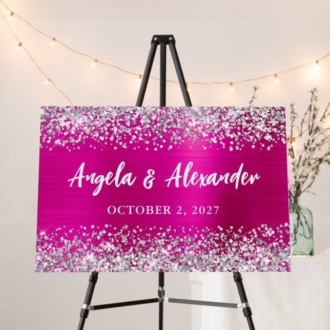 Glittery Silver and Hot Pink Wedding Foam Board (In Situ (Stand))