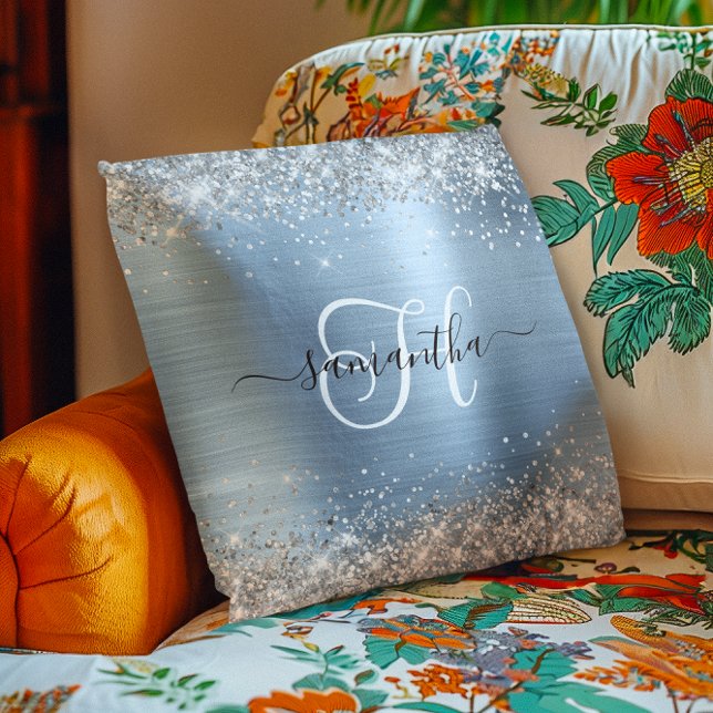 Glittery Silver and Light Blue Monogrammed Throw Pillow (Glittery Silver and Light Blue Monogrammed Throw Pillow)