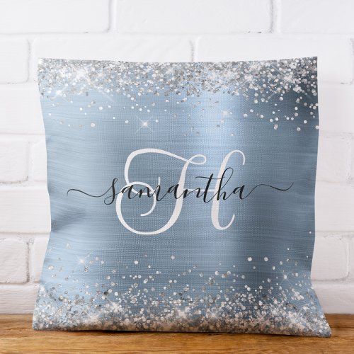 Glittery Silver and Light Blue Monogrammed Throw Pillow