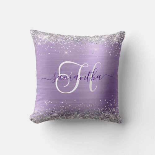 Glittery Silver and Light Purple Glam Monogrammed Throw Pillow