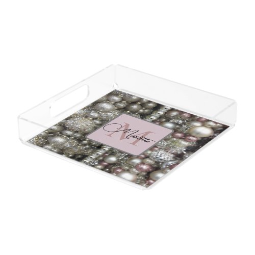 Glittery Silver and Pink  Beads Monogram Acrylic Tray