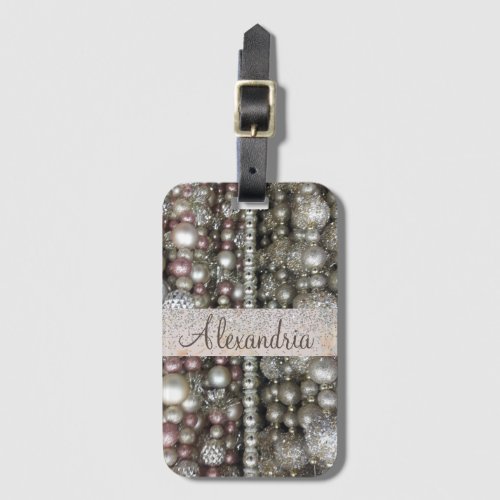 Glittery Silver and Pink Beads Personalized        Luggage Tag