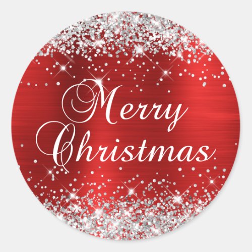 Glittery Silver and Red Foil Merry Christmas Classic Round Sticker