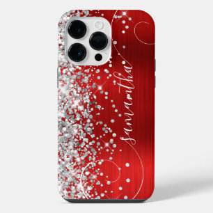 Glittery Silver and Red Glam Curly Signature iPhone 14 Pro Max Case