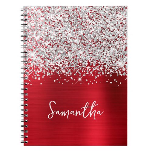 Glittery Silver and Red Glam Script Name Notebook