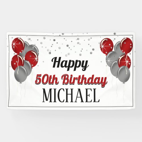 Glittery Silver and Red Happy Birthday Banner