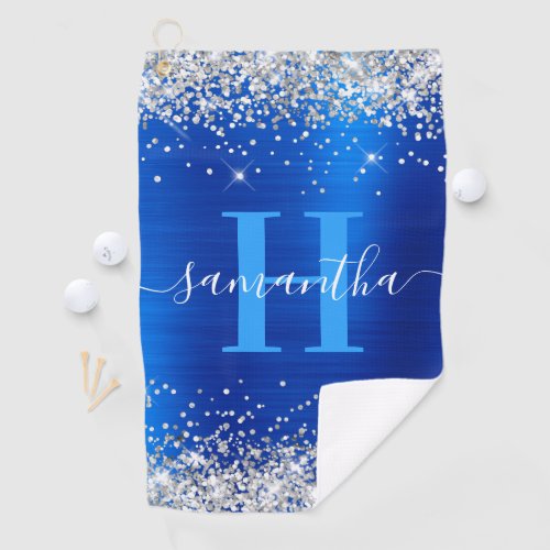 Glittery Silver and Royal Blue Foil Monogrammed Golf Towel