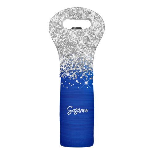 Glittery Silver and Royal Blue Glam Wine Bag