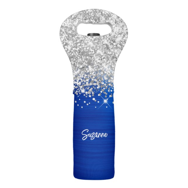 Glittery Silver and Royal Blue Glam Wine Bag (Front)
