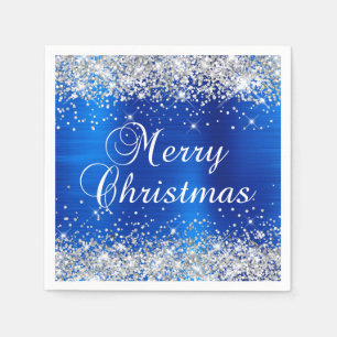 Glittery Silver and Royal Blue Merry Christmas Napkins