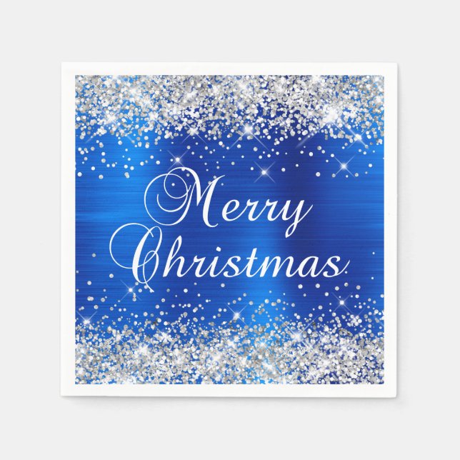 Glittery Silver and Royal Blue Merry Christmas Napkins (Front)