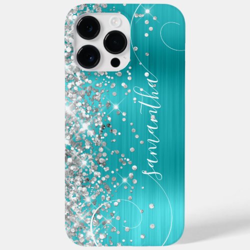 Glittery Silver and Turquoise Blue Curly Signature Case_Mate iPhone 14 Pro Max Case