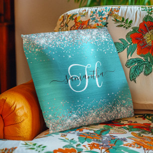 Glittery Silver and Turquoise Blue Monogrammed Throw Pillow