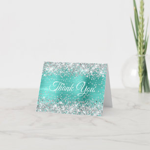 Glittery Silver and Turquoise Foil 40th Birthday Letterpress Thank You Card