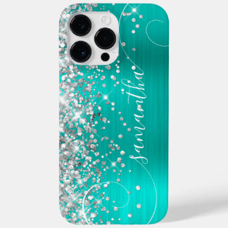 Glittery Silver and Turquoise Glam Curly Signature Case-Mate iPhone 14 Pro Max Case