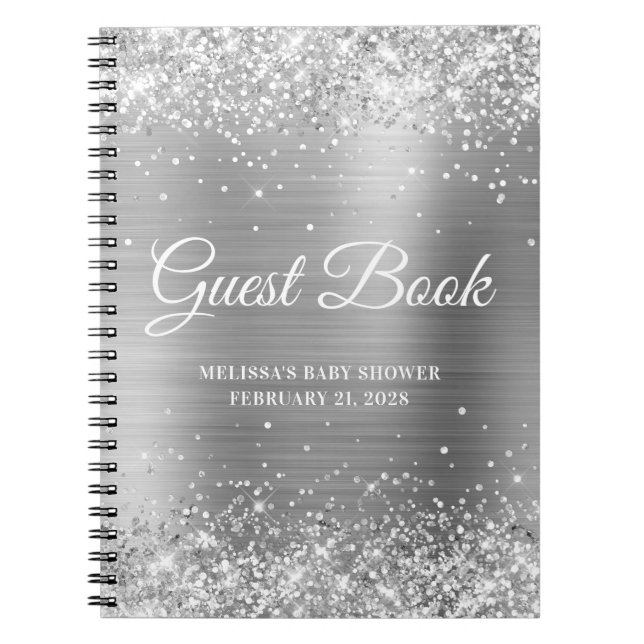 Glittery Silver Baby Shower Guestbook Notebook (Front)
